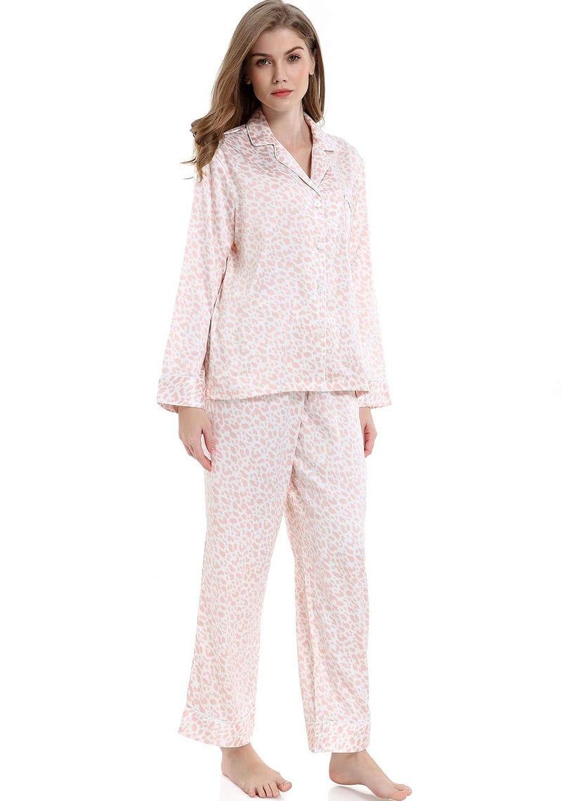 Serenedelicacy Women's Satin Pajama Set Long Sleeve Button Down Sleepwear 2-Piece Silky Pj Set (Small, Blush, Leopard) - Image 4